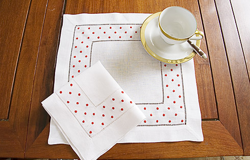 Square linen placemat. Red color Swiss Polka Dots. 1 pieces - Click Image to Close